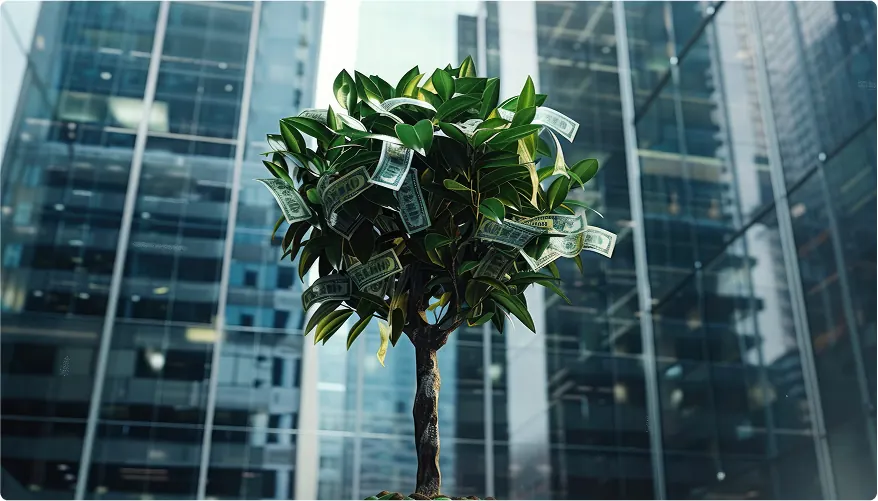 Tree in front of glass office towers